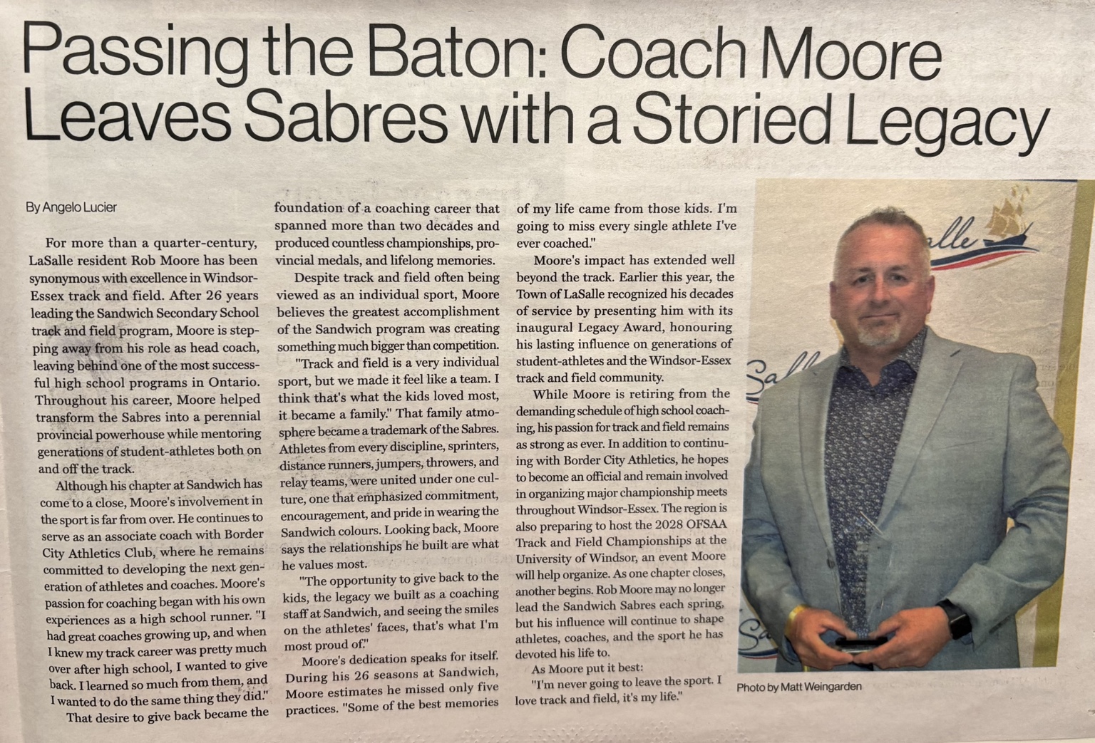 Newspaper feature titled Passing the Baton: Coach Moore Leaves Sabres with a Storied Legacy